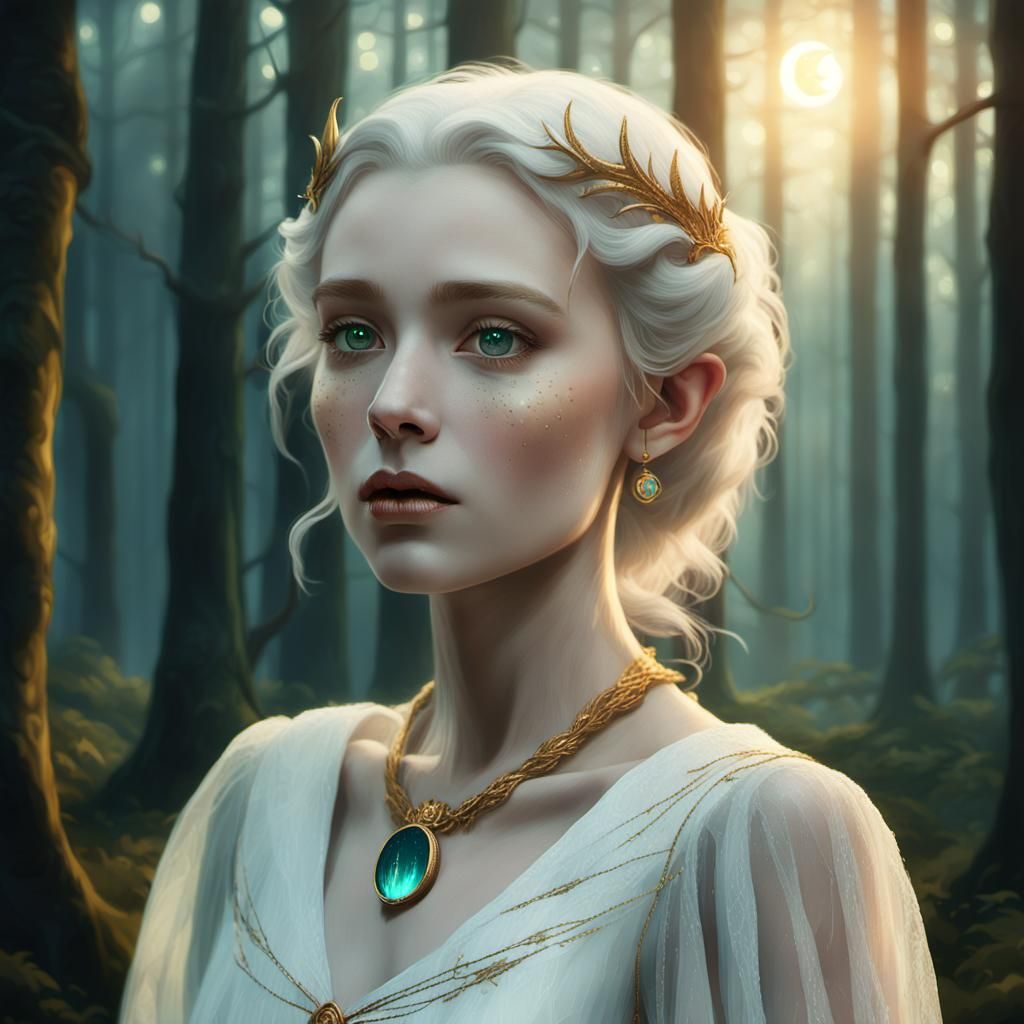 Elf Maiden Portrait in Mystical Forest, Digital Matte Painti...
