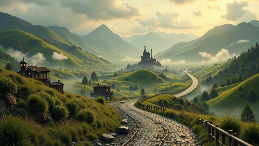 Steampunk Landscape with Victorian Carriages in Moody Light