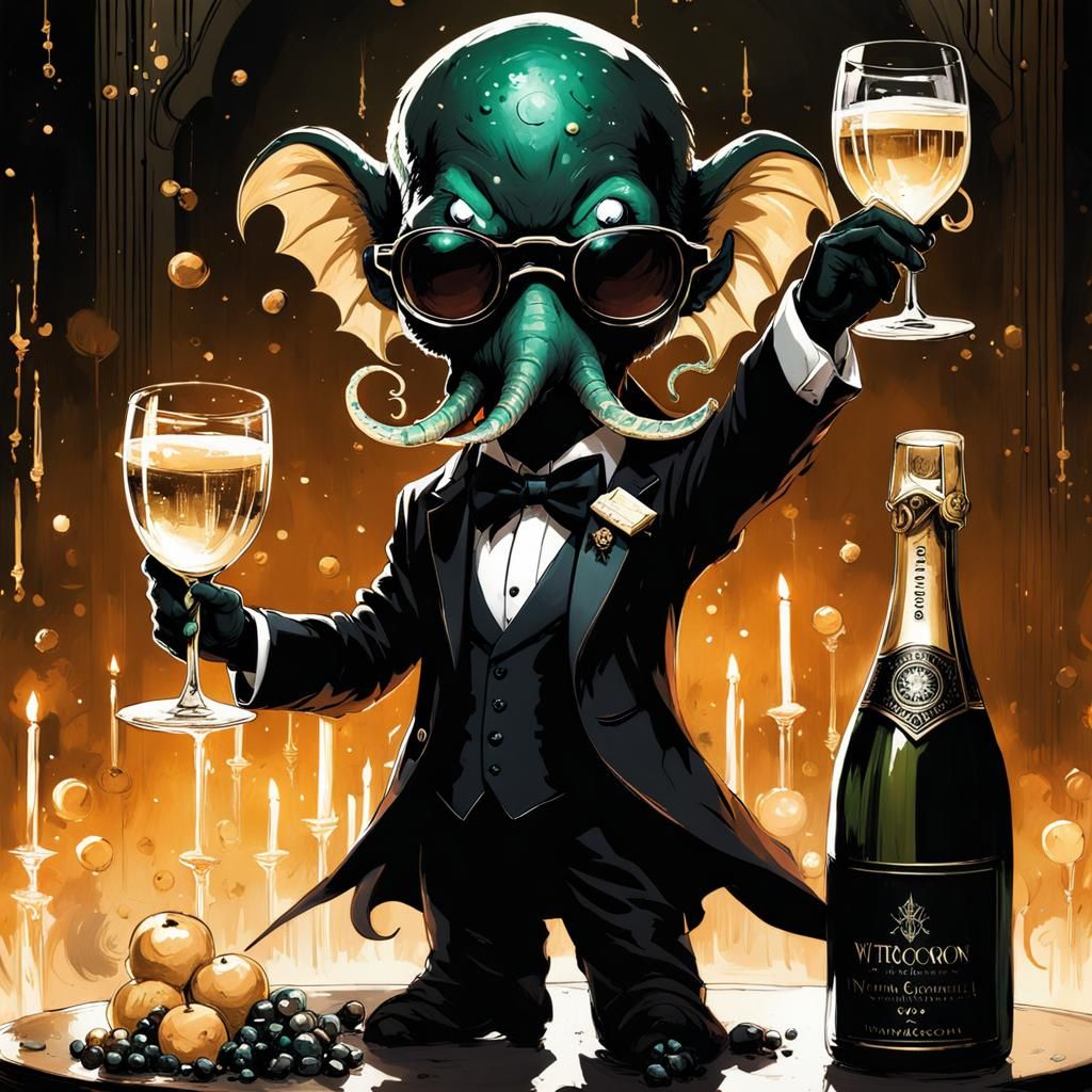 Chibi Cthulhu Celebrates Wedding in Vibrant Digital Art