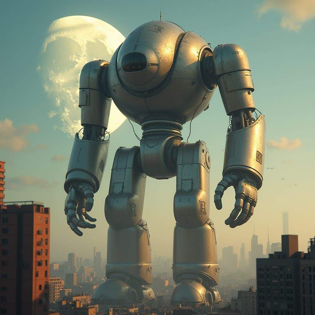 Giant Robot Over Cityscape in Industrial Futuristic Style