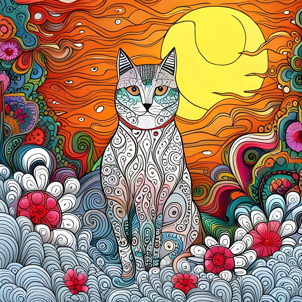 Detailed Line Drawing of a Cat and Flowers