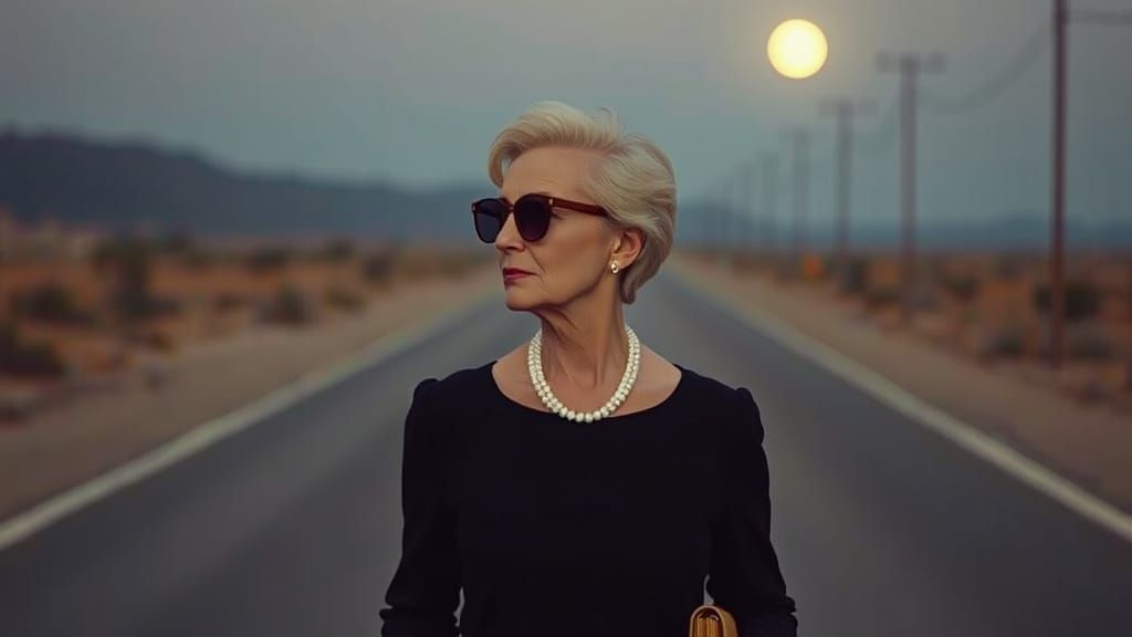 Elegant Woman on Deserted Road, Film Photography