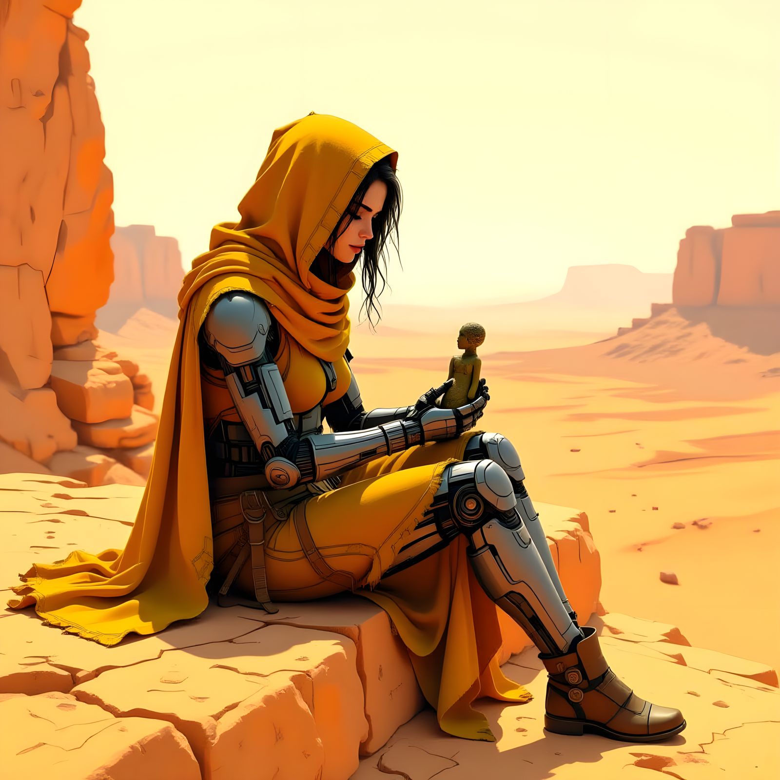 Cyborg with Figurine in Sun-Scorched Desert
