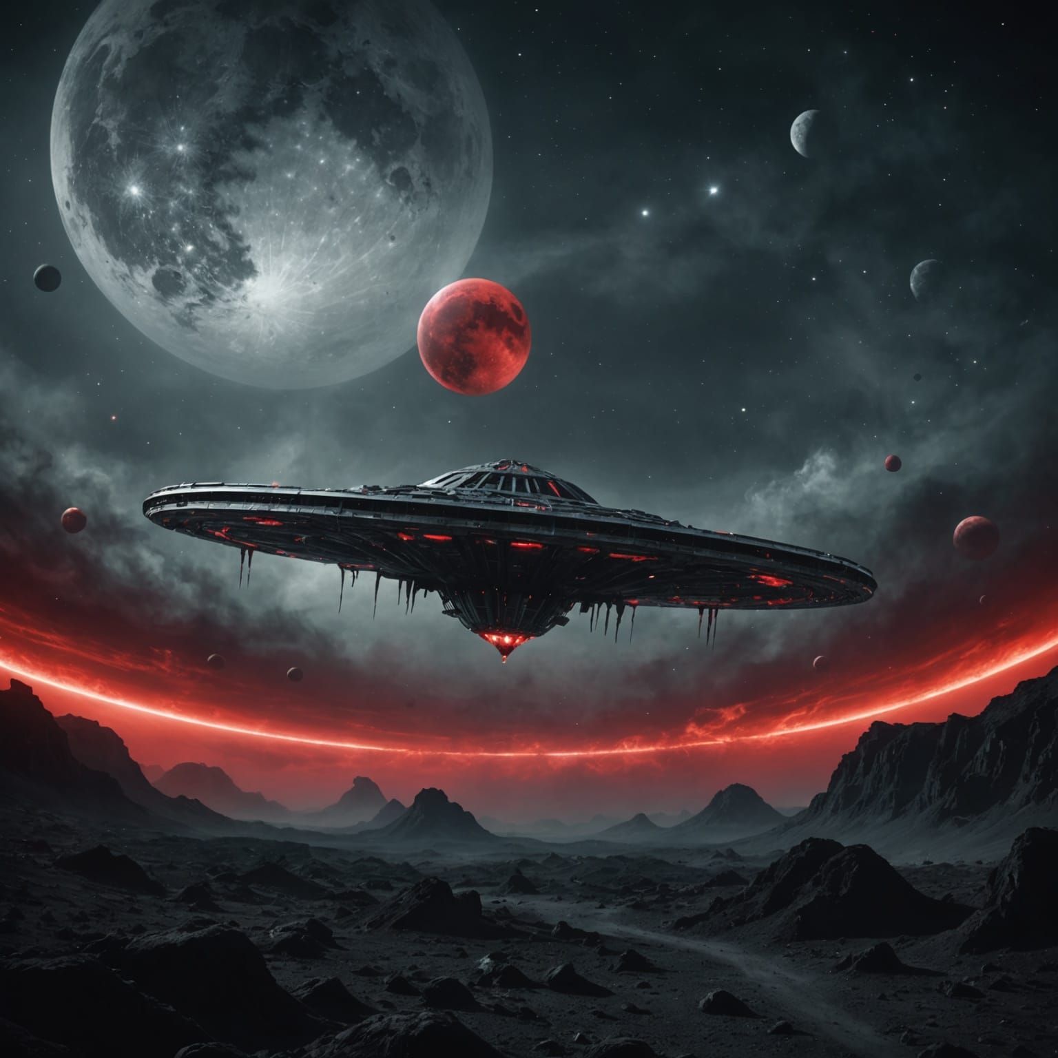 Haunted Galaxy with Red Worlds and Ghostly Figures