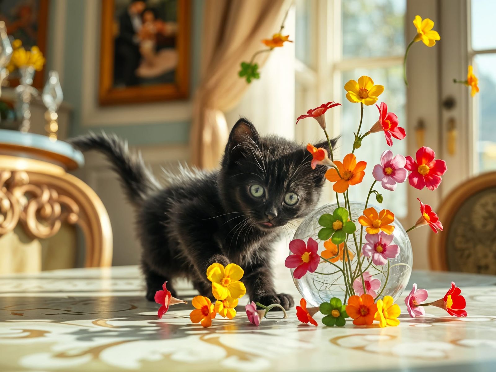 Playful Kitten Pushes Vase of Flowers