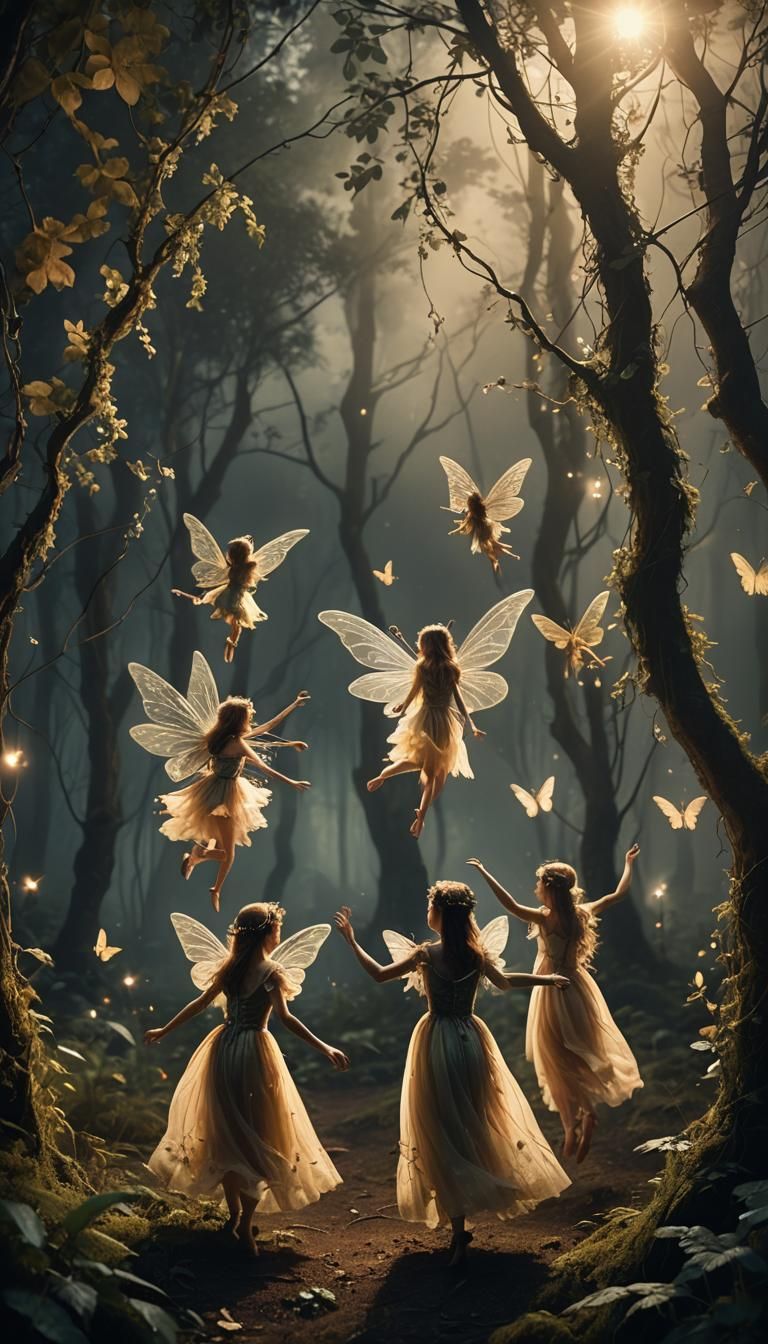 Fairies Dancing in Moonlit Forest: Cinematic Film Still