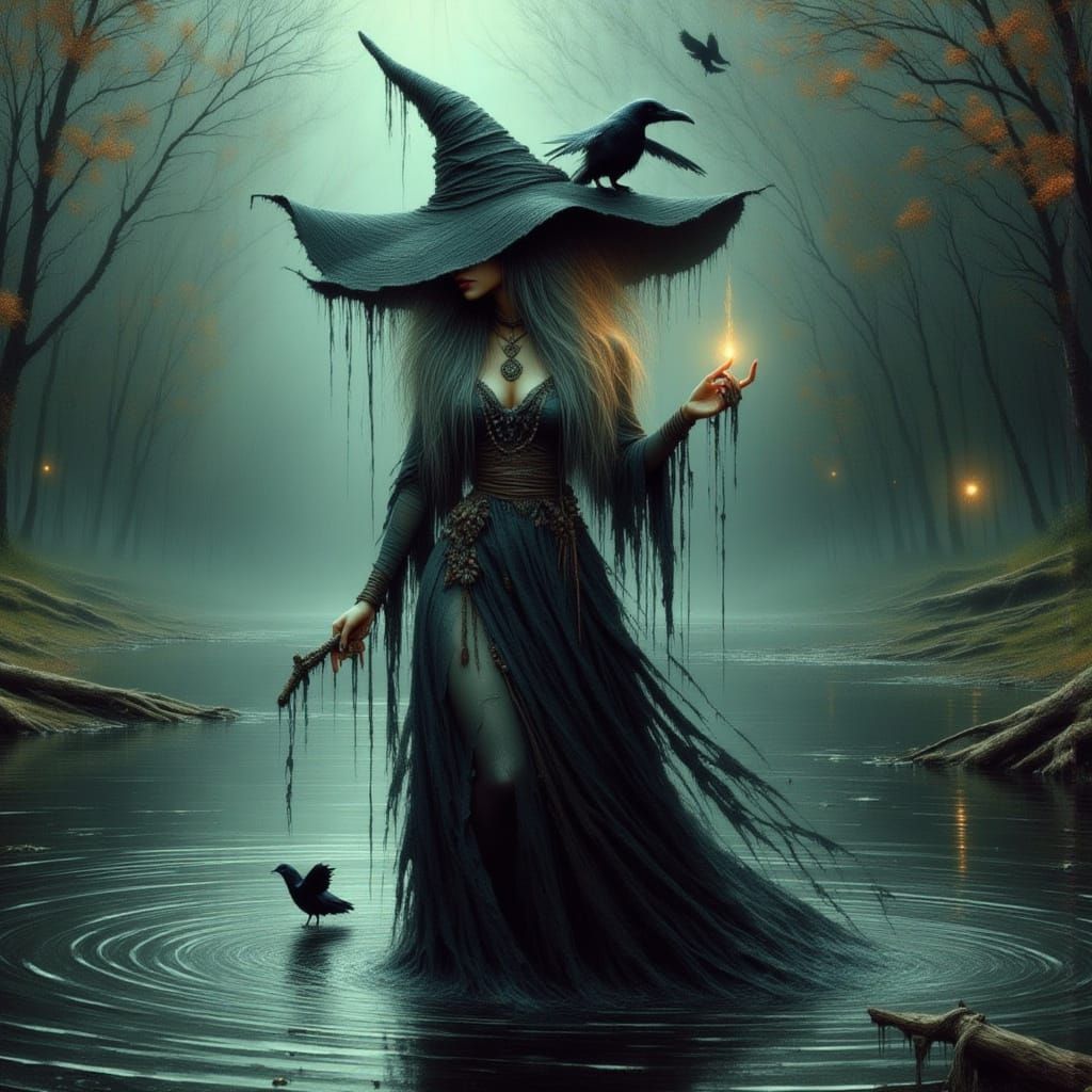 River Witch Casting Spell in Misty Atmosphere