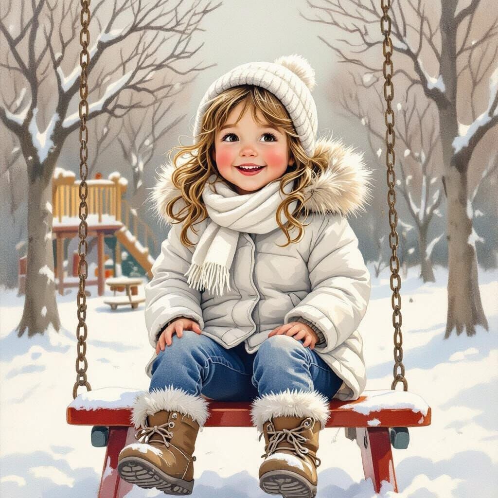Joyful Girl on Playground Swings in Winter Outfit