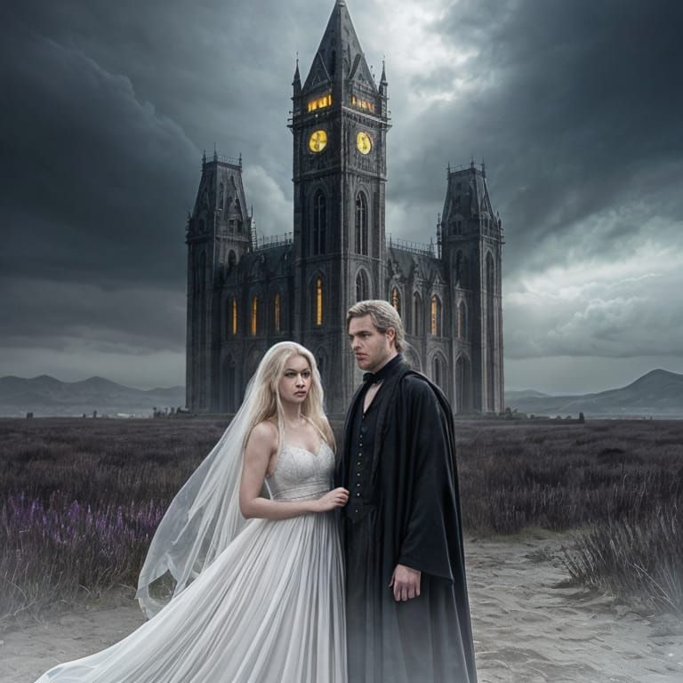 Portrait of a translucent misty ghost couple. She has golden...