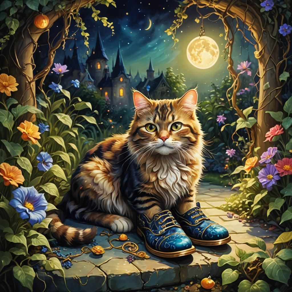 Mischievous Cat in Mystical Garden: Oil Painting