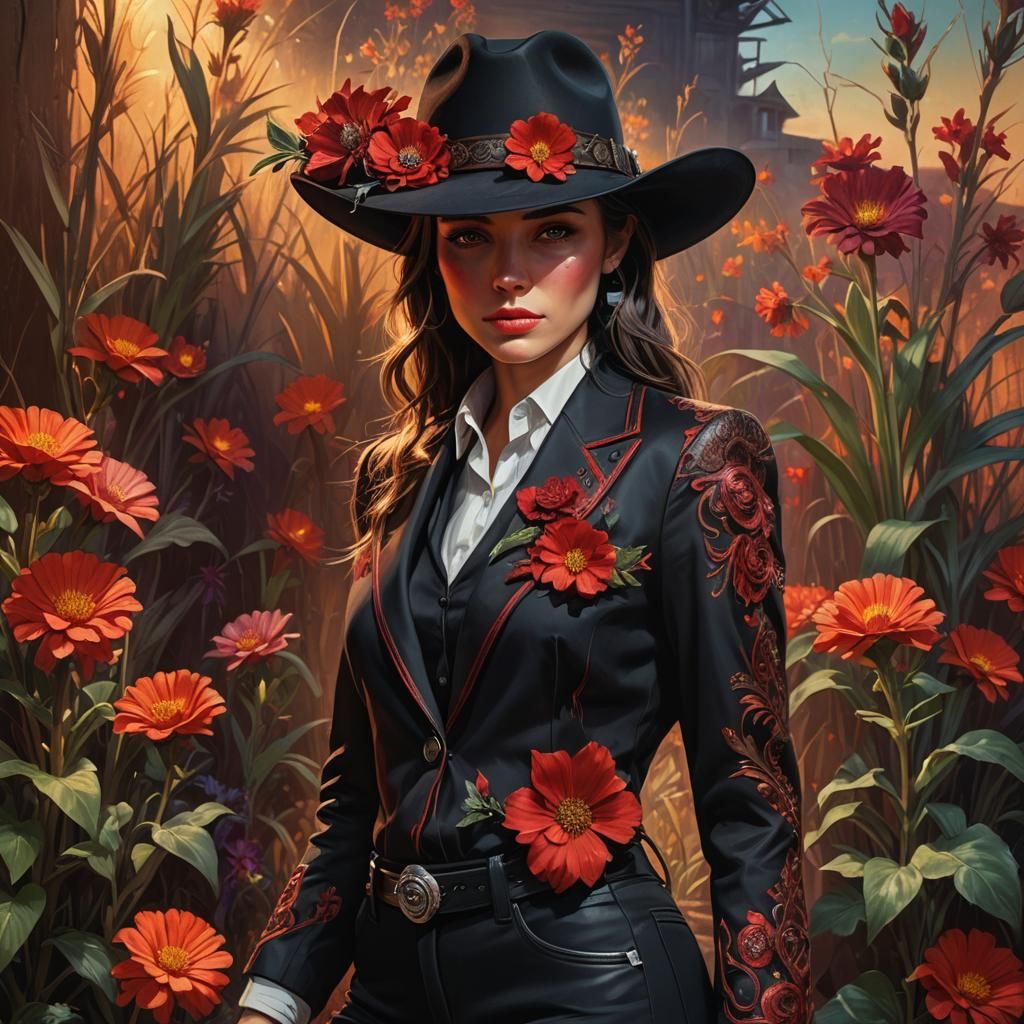 Girl in Black Suit with Red Eyes, Expressionistic Style