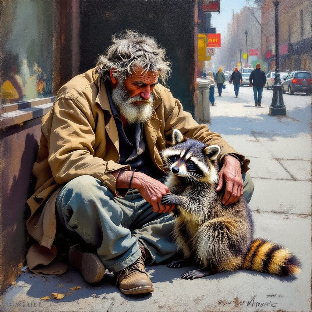 Homeless Man and Raccoon Friendship Oil Painting