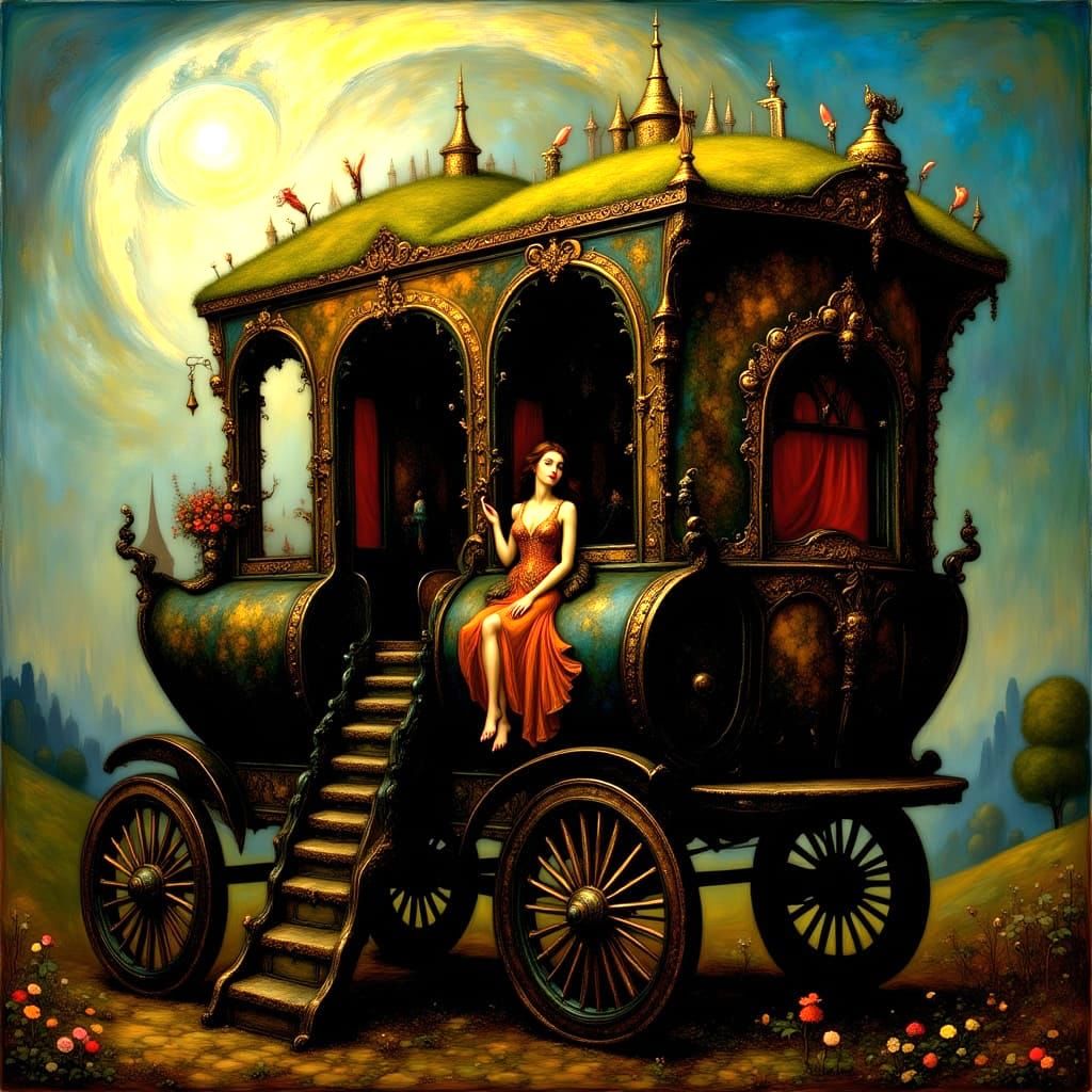 <lora:Mordecai-F:1.0> Black art nouveau coach with gold emblem on the side, detailed matte painting, deep color, fantast...