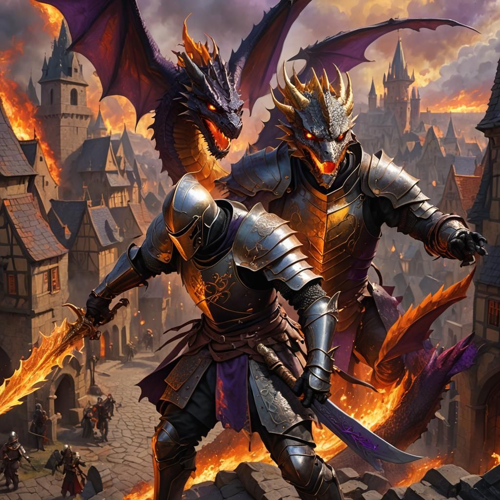 Knight vs Dragon in Burning Village, Dark Fantasy Art