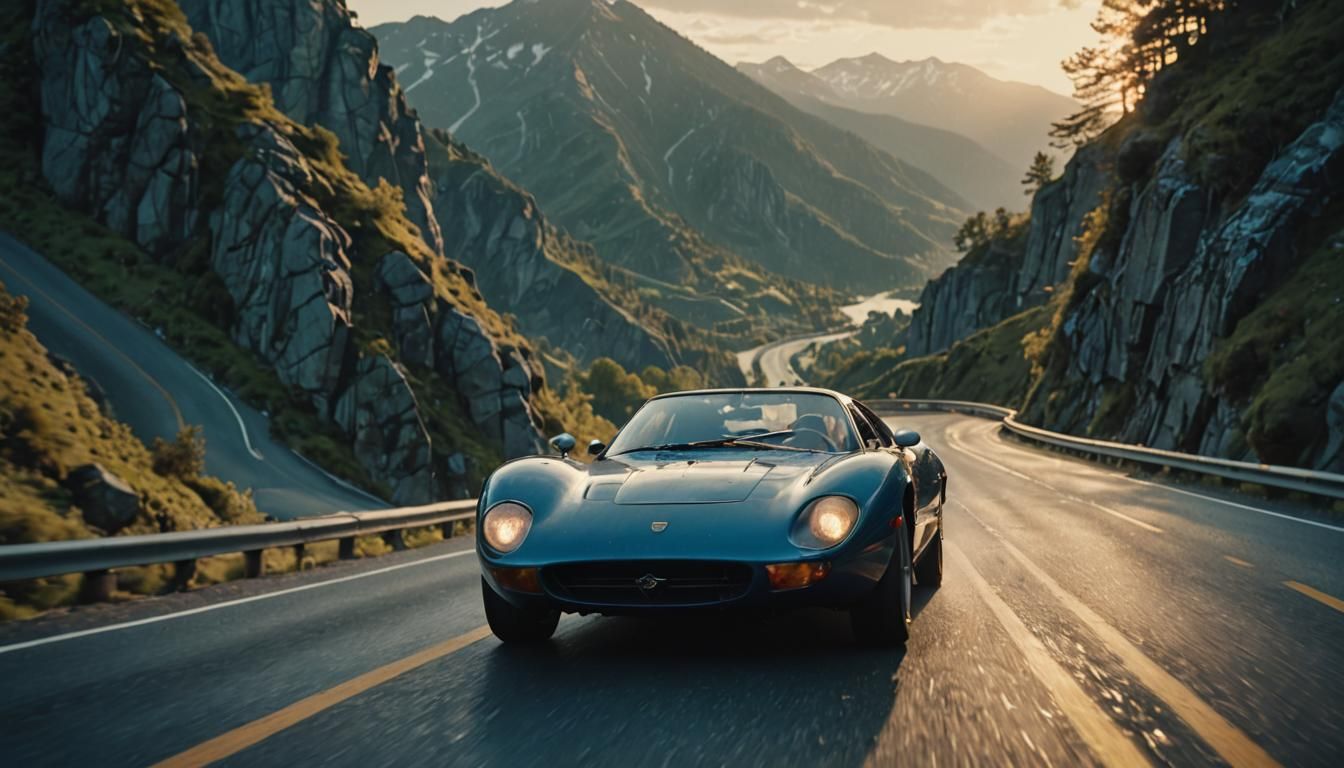 Elven Racecar on Mountain Road, Cinematic Film Still