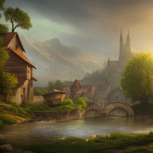 Medieval Hamlet by River: Detailed Fantasy Art