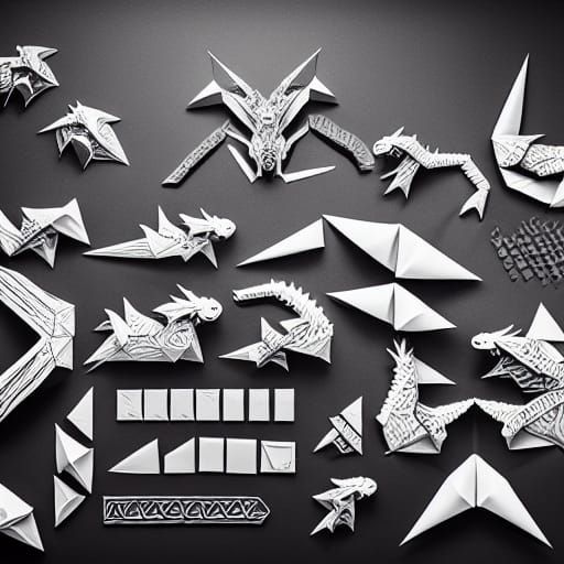 Dragon Origami Knolling in Black and White