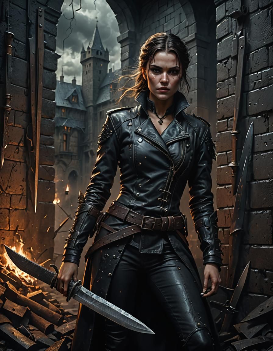 Dangerous Woman with Knives in Dark Alley