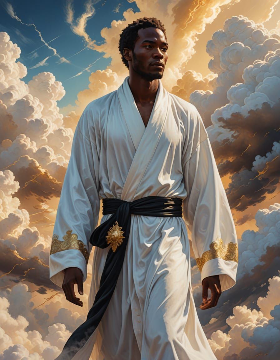 Ethereal Ebony Man Walking in Clouds: Surreal Fantasy Art