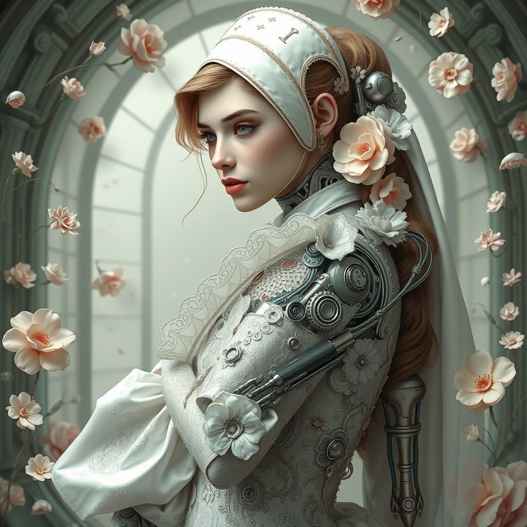 Elegant Cyborg Nurse in Hyper-Realistic Style
