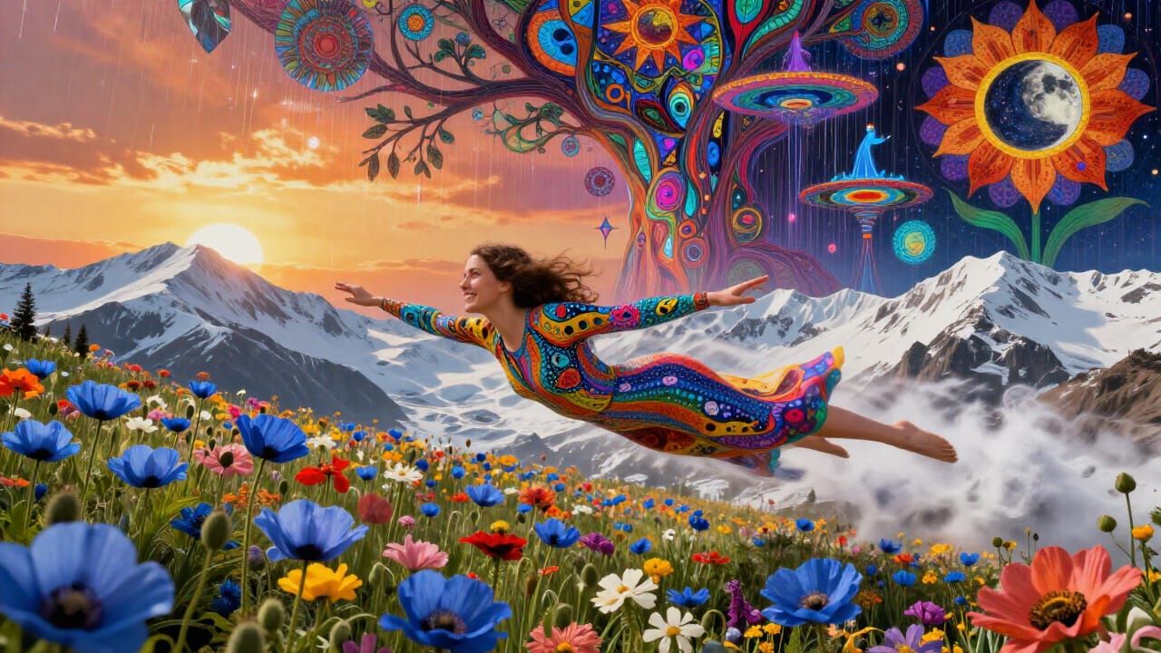 Surreal Woman Flying Over Wildflowers and Snow