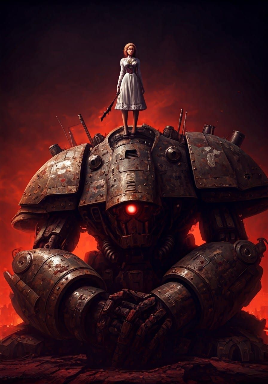 Triumphant Mecha Girl in Apocalyptic Victorian Illustration