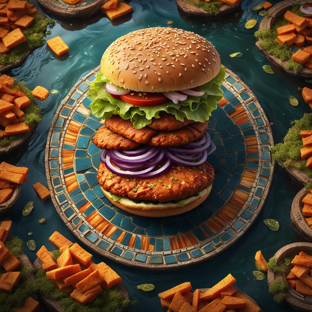 Roman Mosaic of Floating Burger and Fries
