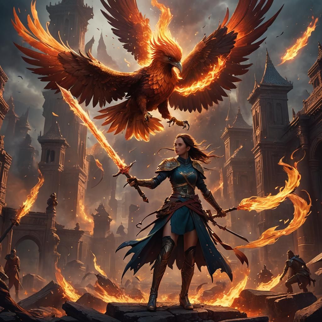 Fiery Phoenix Above Sword-Wielding Girl: Fantasy Art