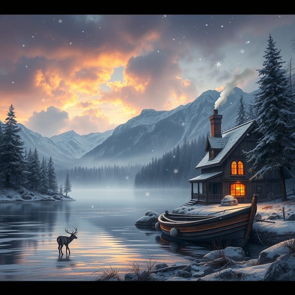 Winter Forest With Boat By Frozen Lake