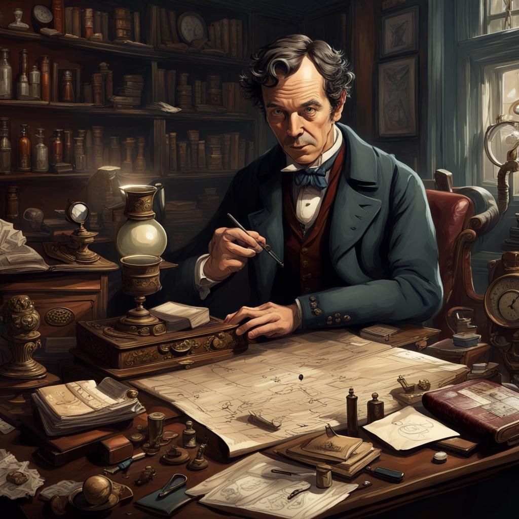 llustration depicting Sherlock Holmes examining clues in a grand Victorian-era study. Show him scrutinizing a mysterious...