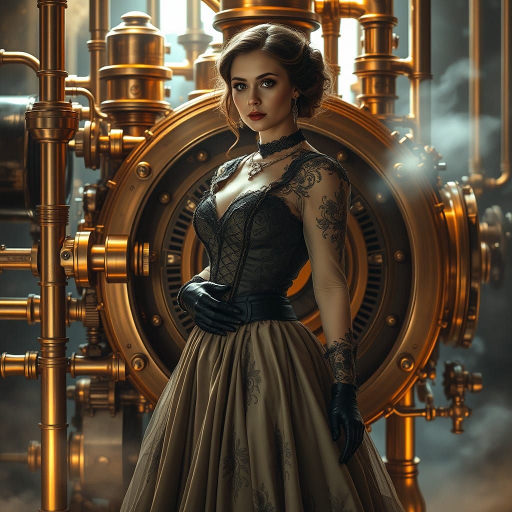 Ethereal Steampunk Goddess Amidst Vintage Engine