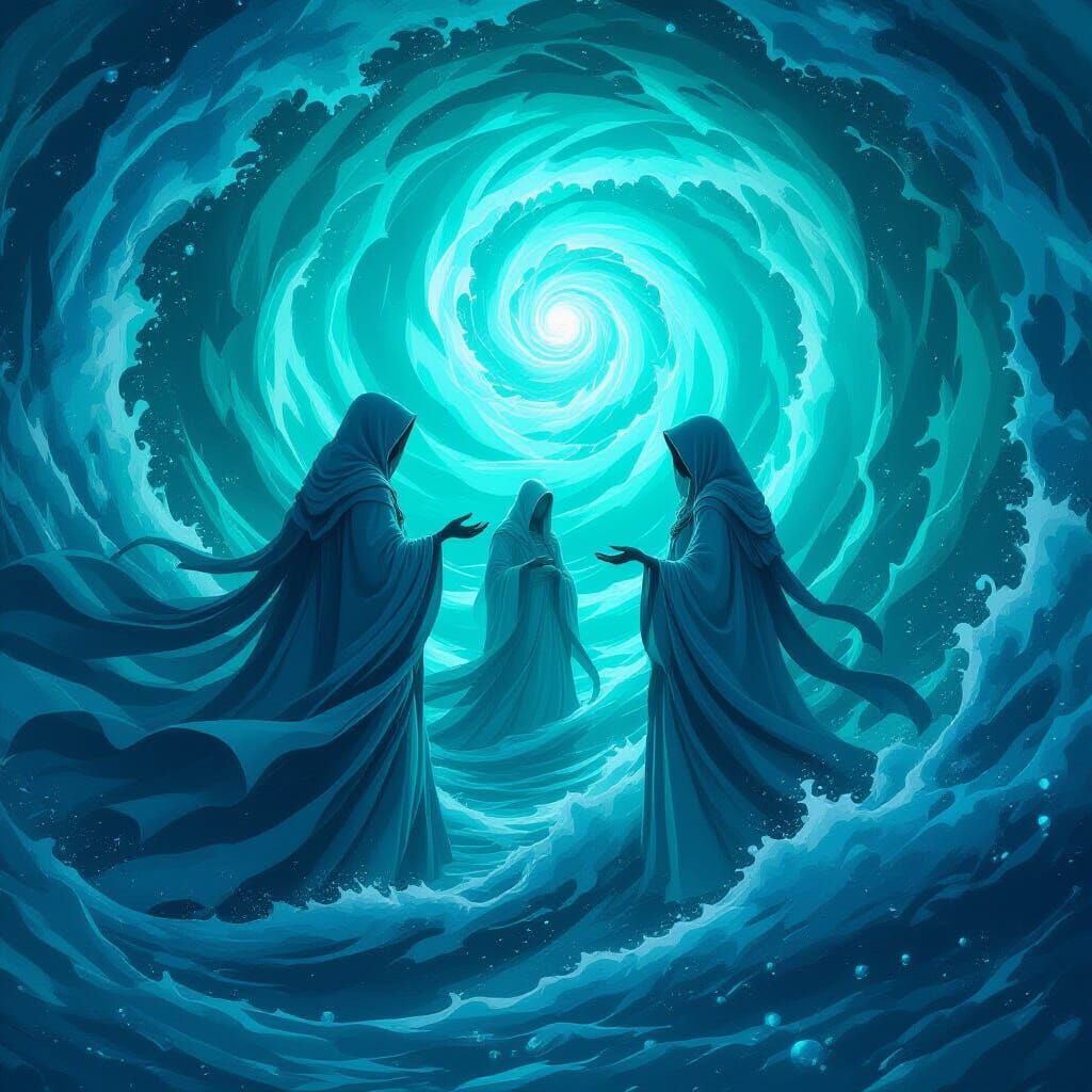 Mysterious Figures Amidst Bioluminescent Sea