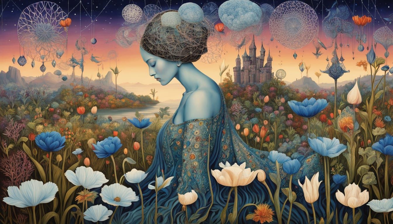Cosmic Woman with Nature Elements and Surreal Fantasy Landsc...