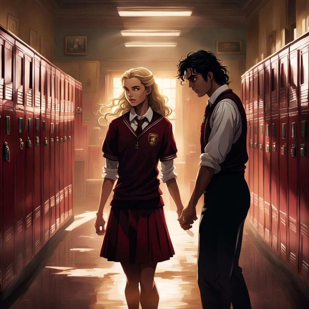 Romantic School Embrace in Cinematic Lighting