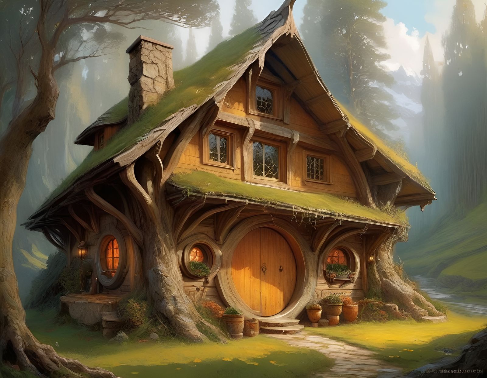 Enchanting Hobbit Log Cabin in Oil Painting Style