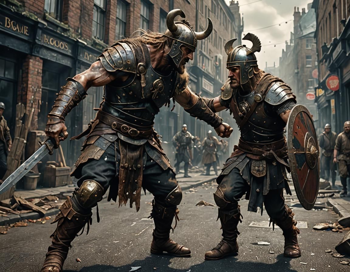 Gladiator and Viking Clash in 1940s London