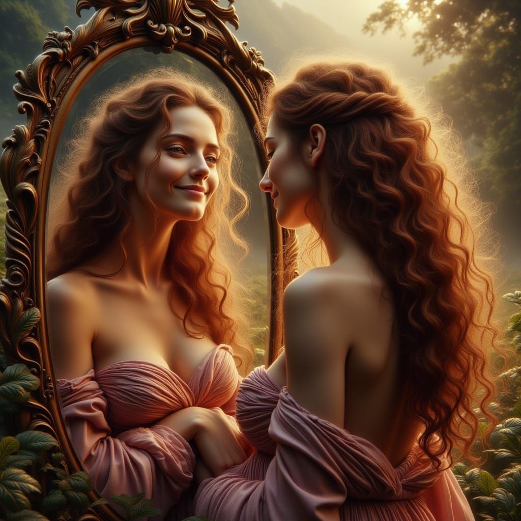 Woman Gazes at Maternal Reflection in Dawn Light