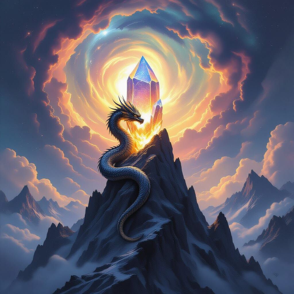 Obsidian Dragon Guards Crystal on Mountain Peak