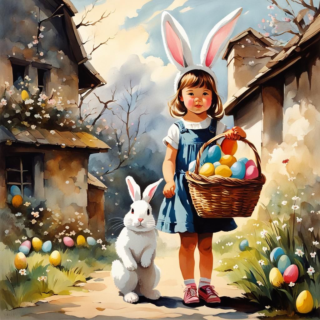 Easter Girl with Eggs in Modern Ink Painting