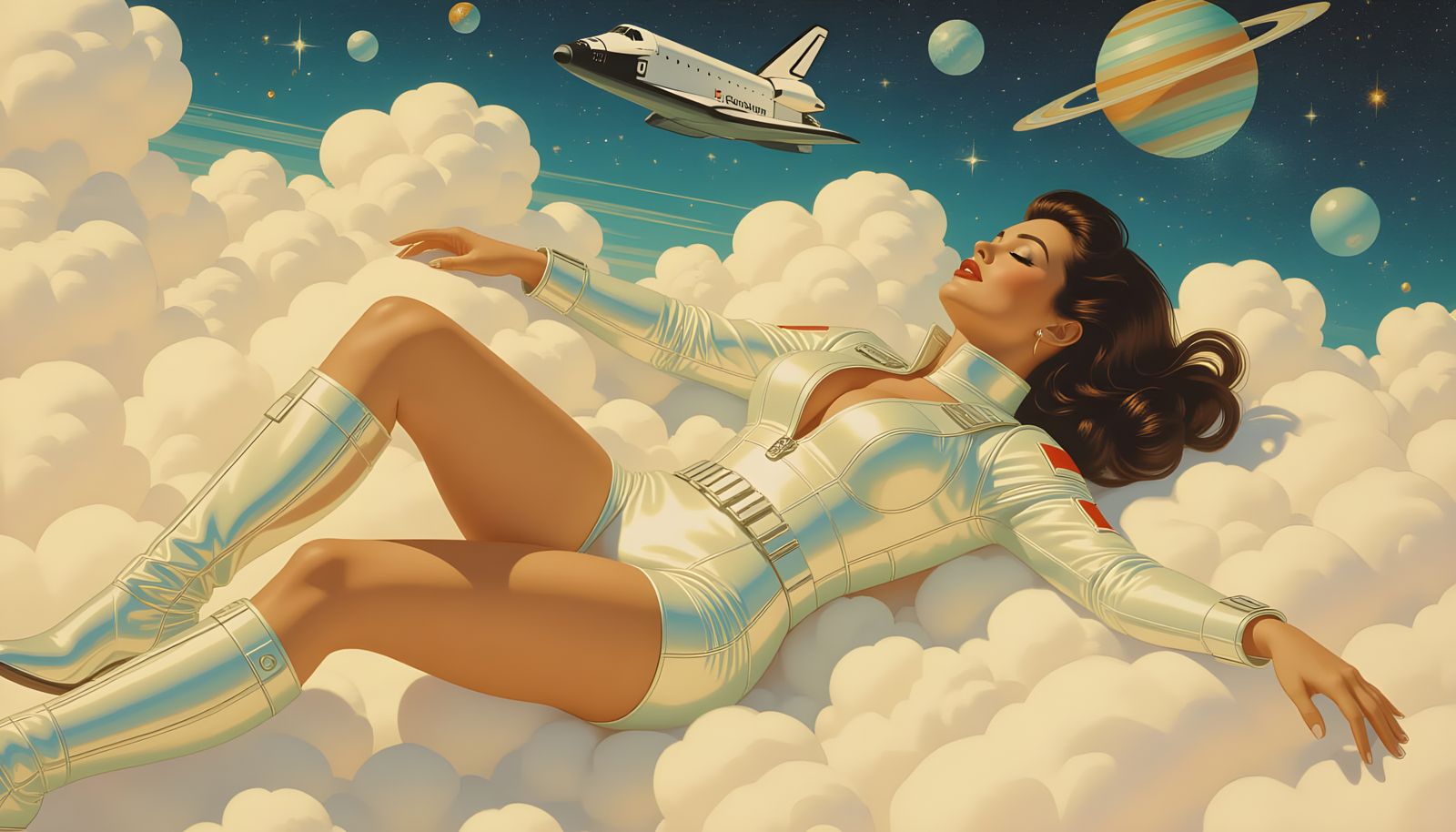 Woman in Spacesuit Among Celestial Clouds