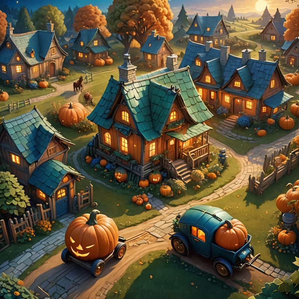 Whimsical Pumpkin Cottage Fantasy Concept Art