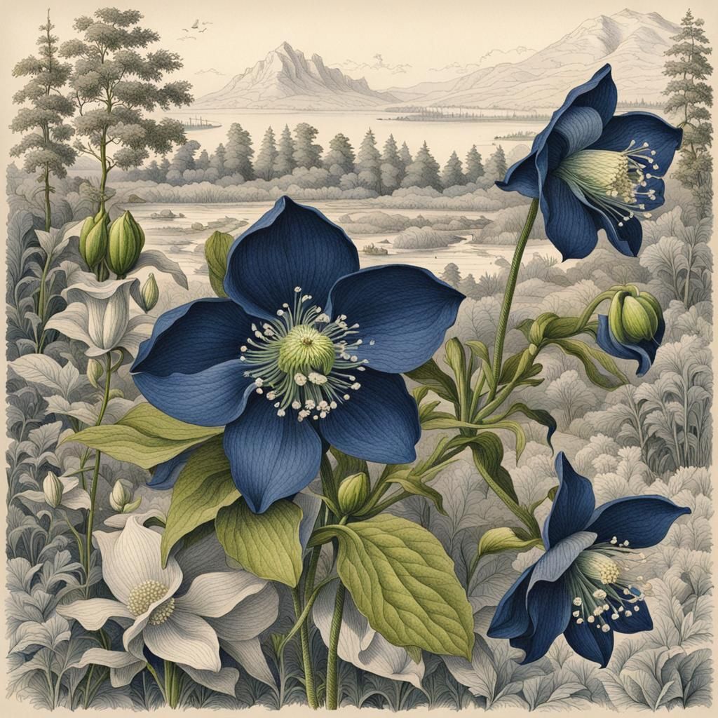 Botanical Ink Drawing of a Blue Hellebore