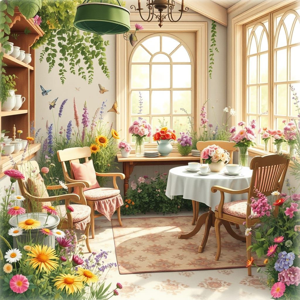 Vintage Tea Room in English Garden, Watercolor Style