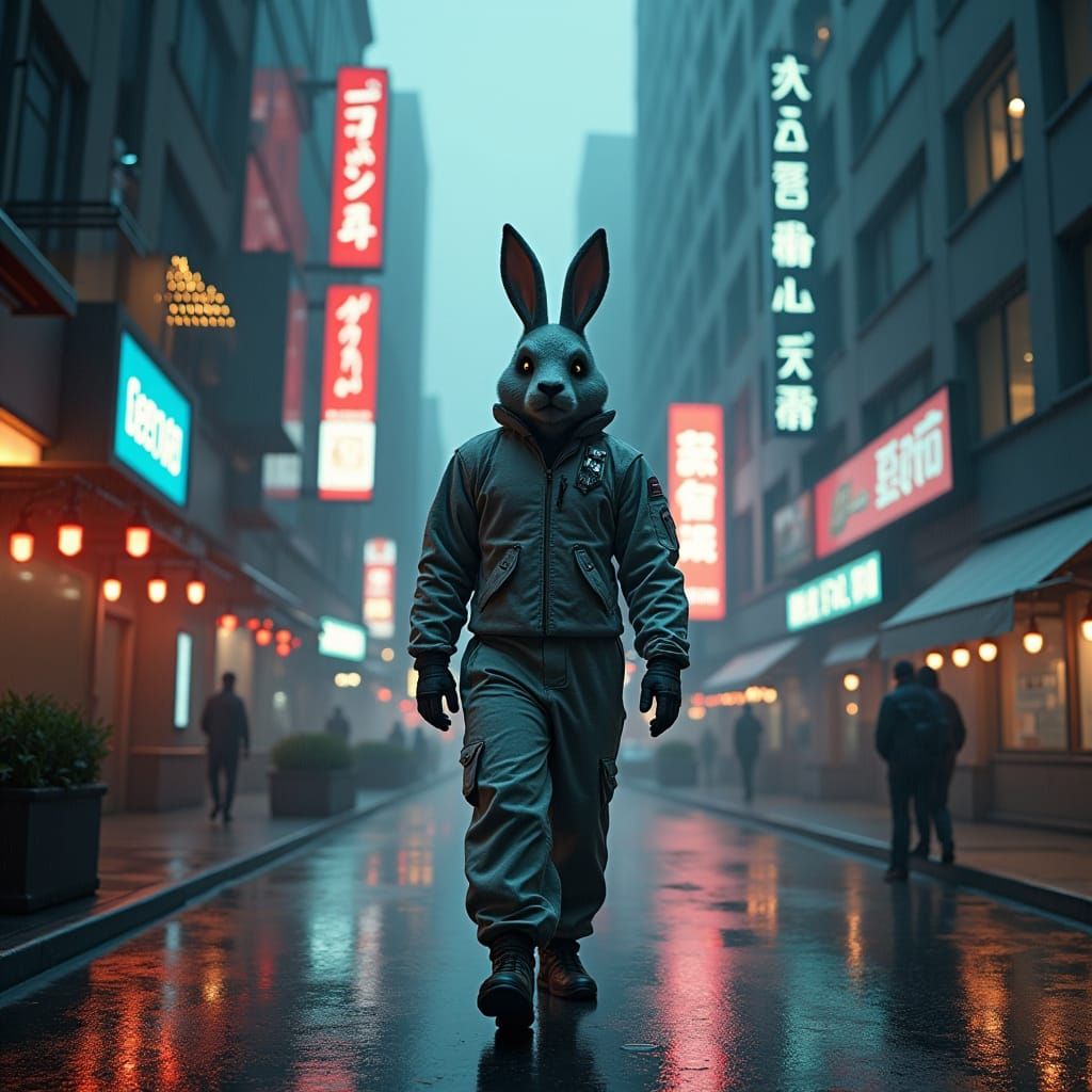 Cyberpunk Rabbit Man in Rainy Cityscape