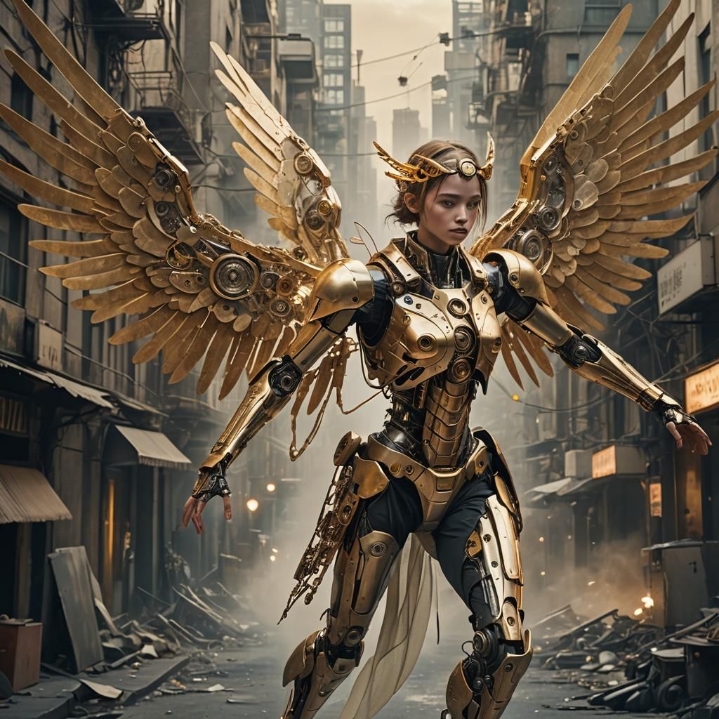 Ethereal Woman with Golden Wings and Robot Companion