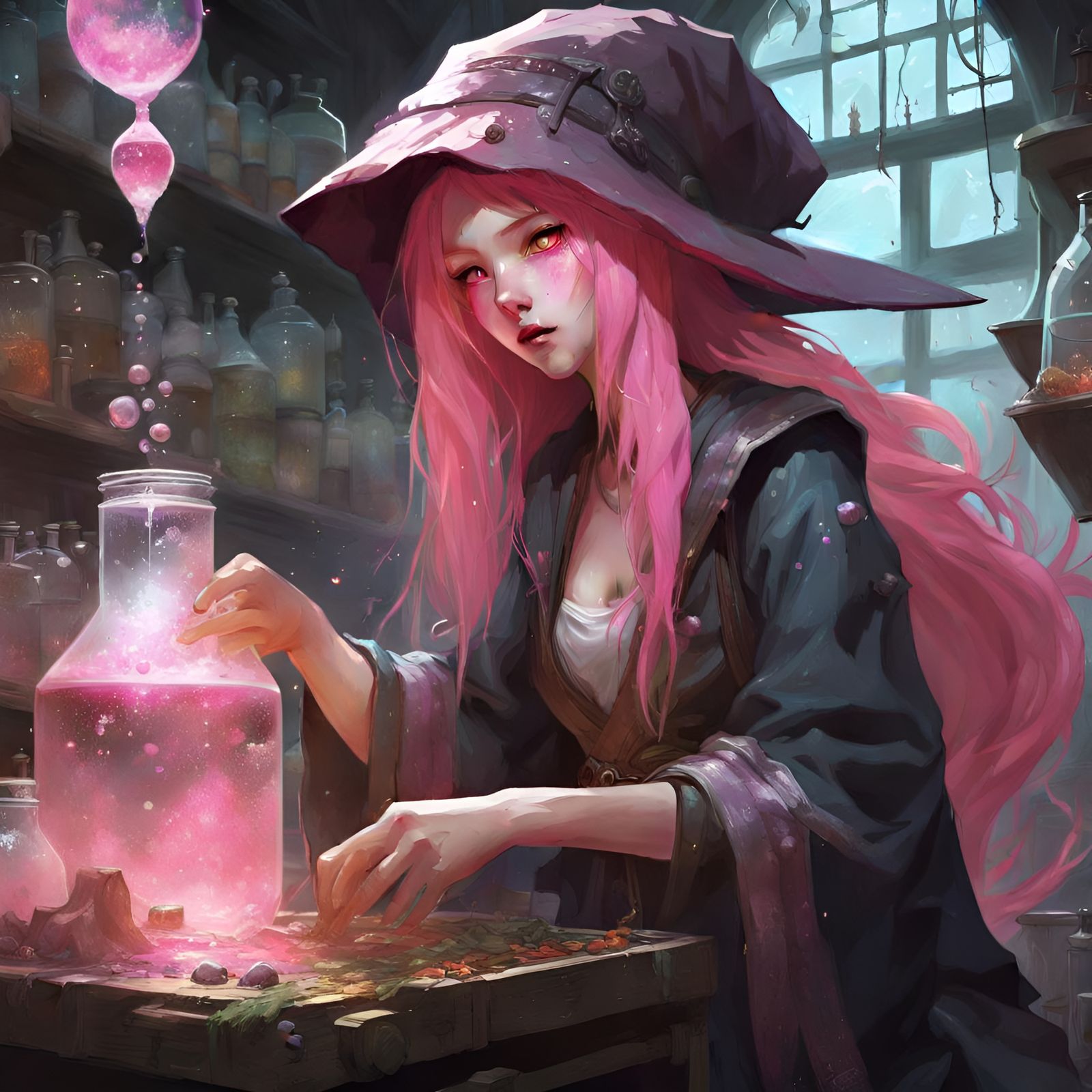 Pink-Haired Witch Brewing Potions: Digital Art