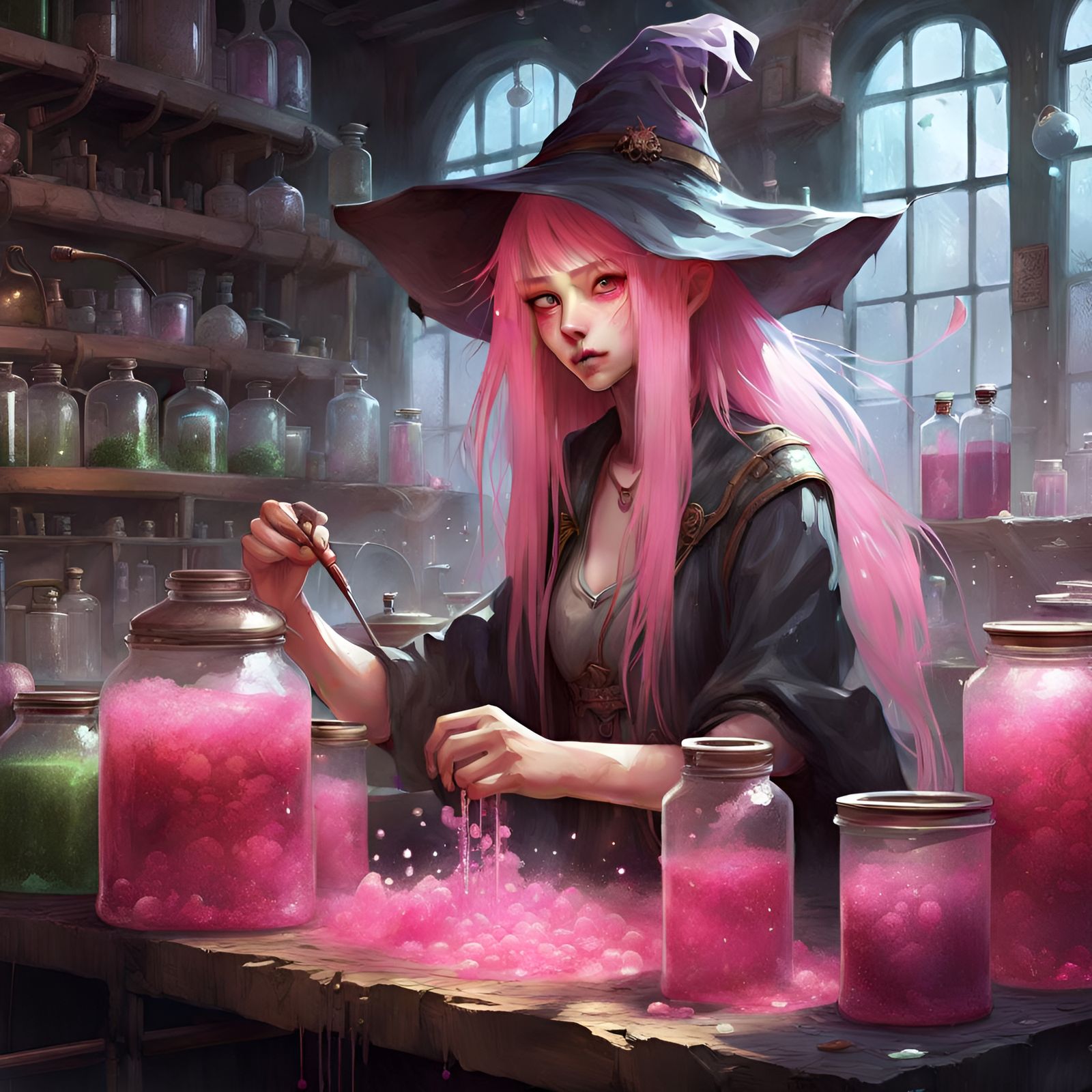 Pink-Haired Witch Girl Brewing Potions: Digital Art