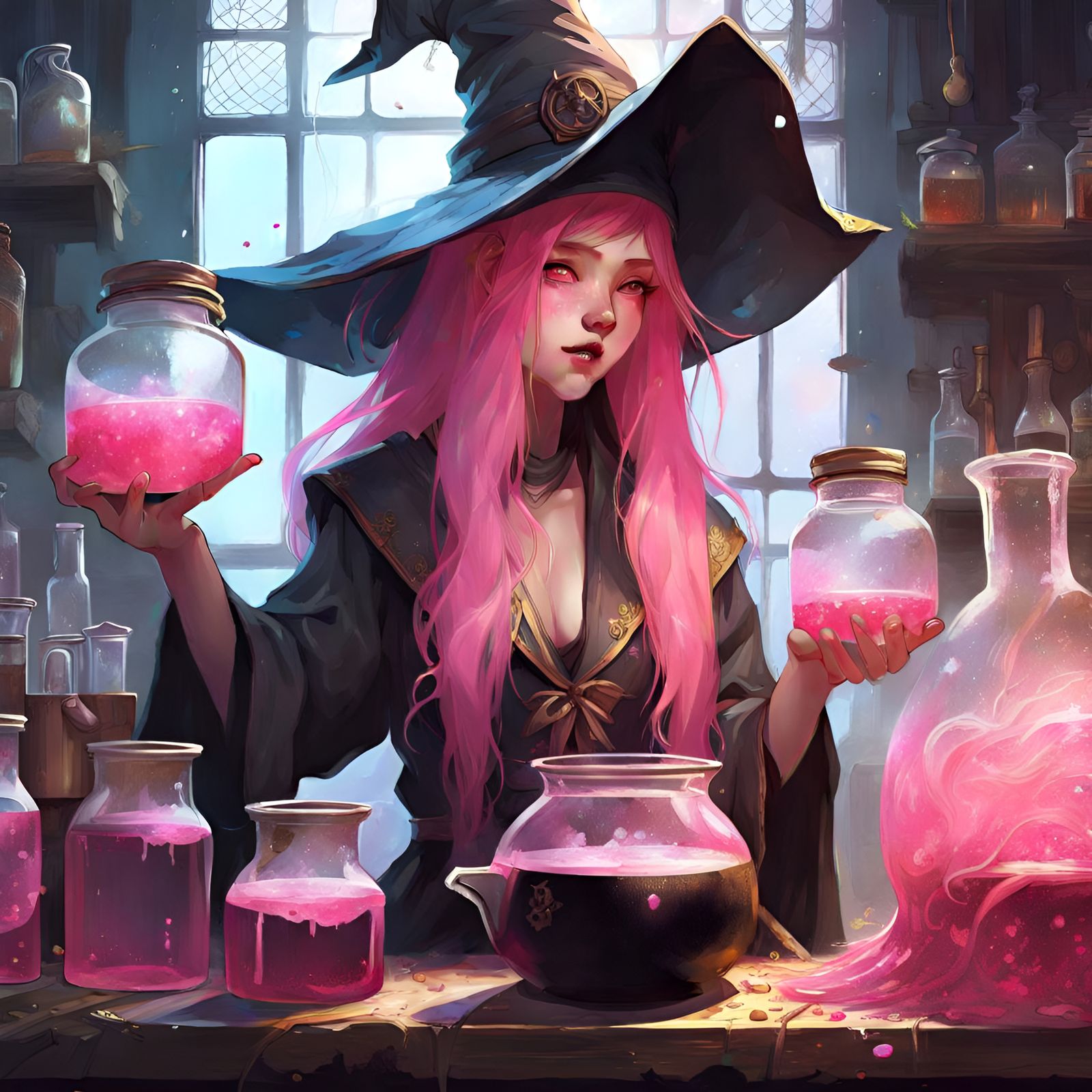 Manhwa Witch Girl Brewing Potions in Laboratory