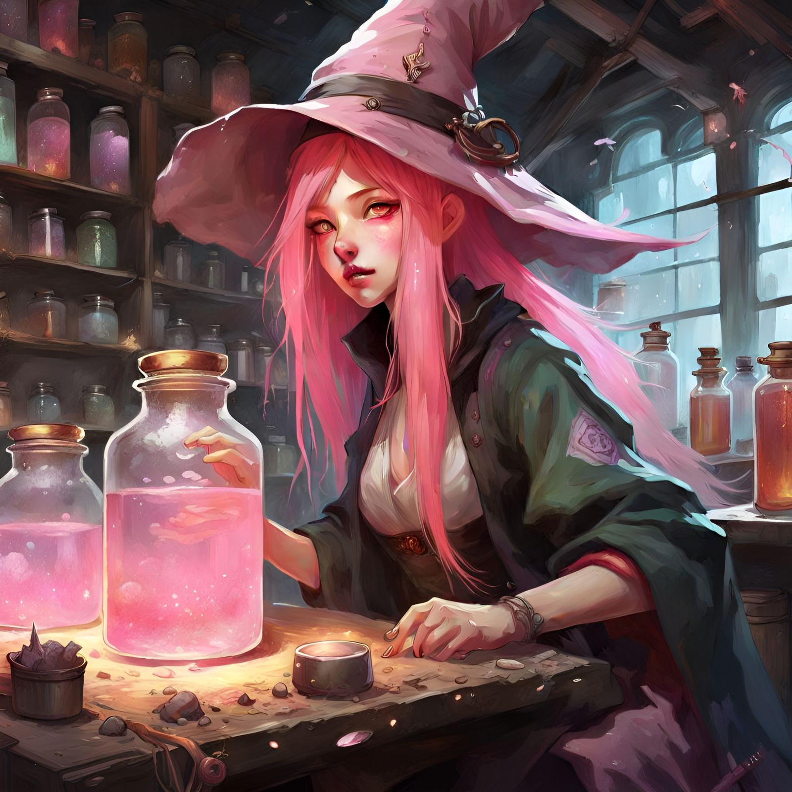 Pink-Haired Witch Brewing Potions: Digital Art