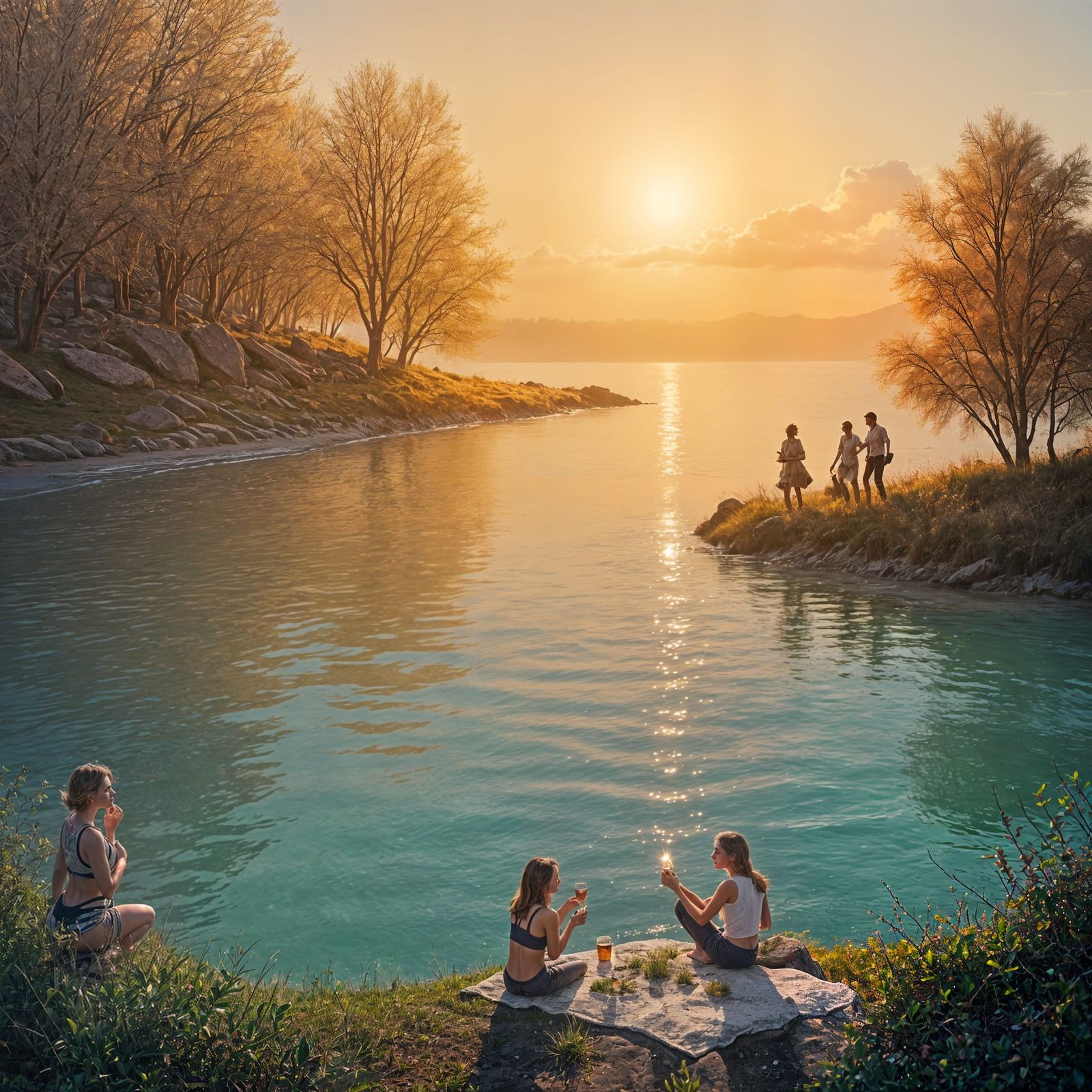 Happy People at Summer Picnic by the Water